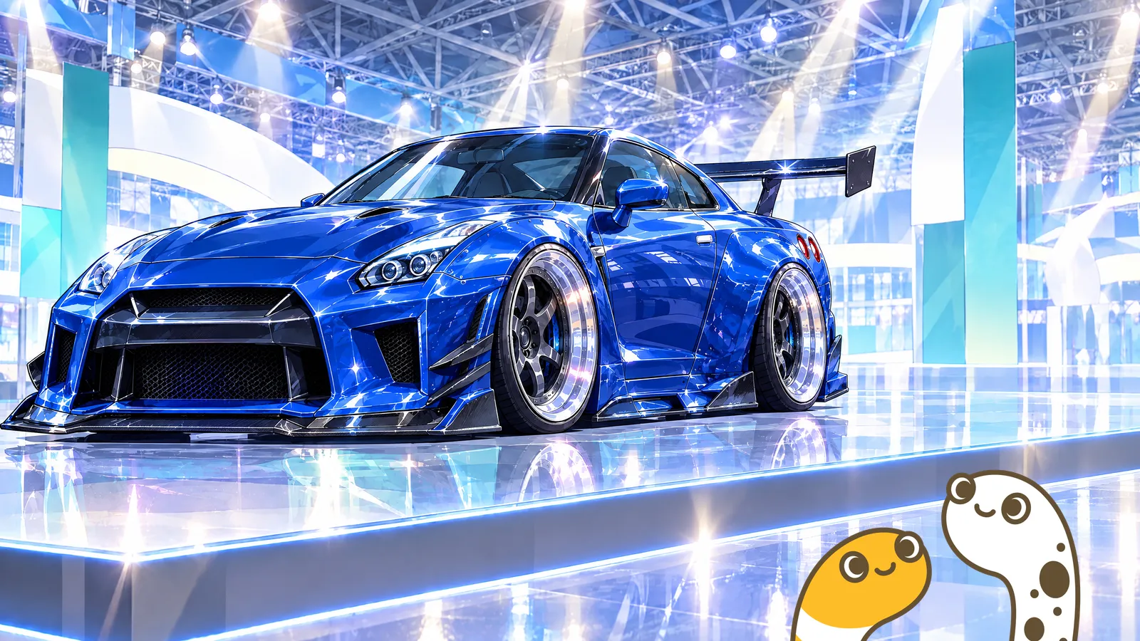 展示会場のステージに飾られたカスタムカーと、ちんあなご(イラスト)